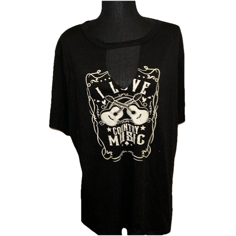 I Love Country Music 2XL Black & White Short Sleeve Keyhole Neckline T-Shirt